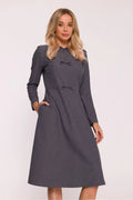robe trapèze midi gris anthracite manches longues tissu structure melange laine encolurearrondie fente legere noeuds decoratifs poches laterales