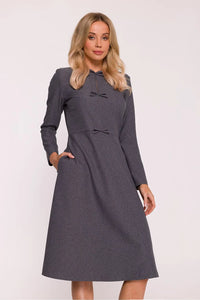robe trapèze midi gris anthracite manches longues tissu structure melange laine encolurearrondie fente legere noeuds decoratifs poches laterales
