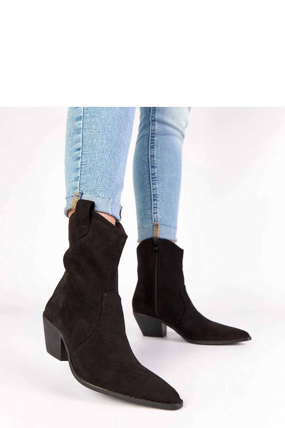 bottines noires femme suède western talon carré bout pointu coutures tige haute fermeture éclair latérale confortable semelle antidérapante durable