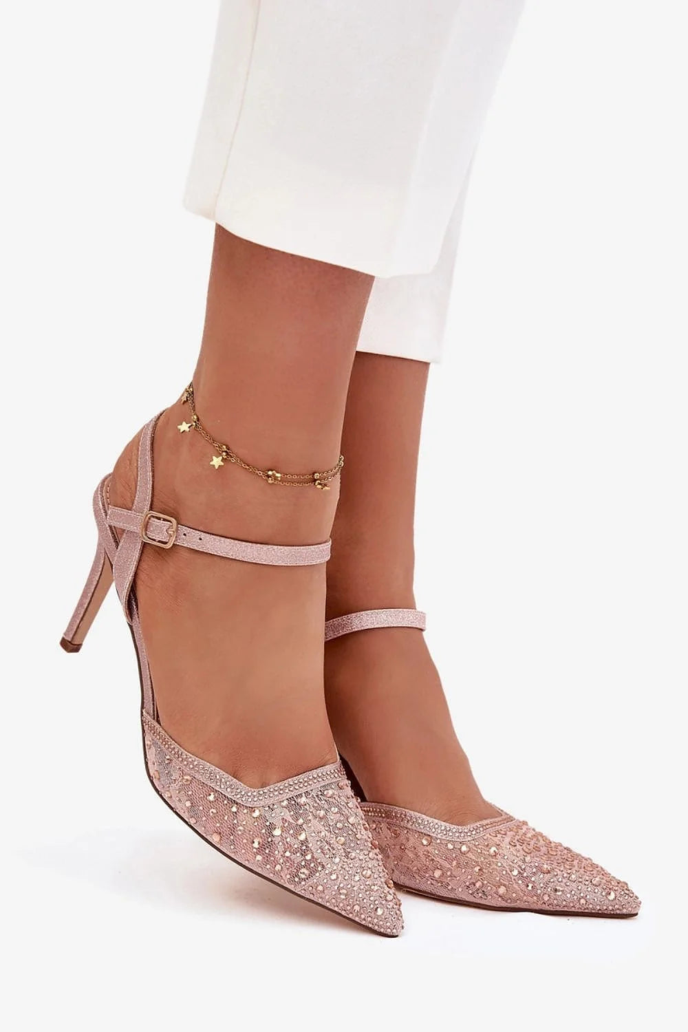 escarpins slingback bout pointu talons aiguille 9cm rose poudré pailleté strass sequins bride réglable boucle confortable stable cuir synthétique semelle
