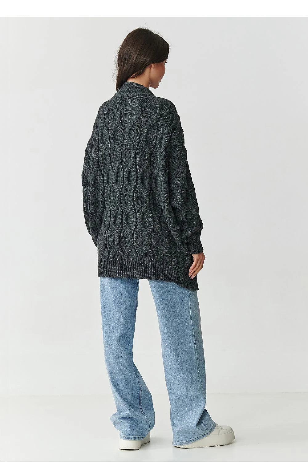cardigan femme oversize maille torsadée gris anthracite gilet ouvert col châle manches longues volumineuses côtes épaisse cosy coupe décontractée hiver