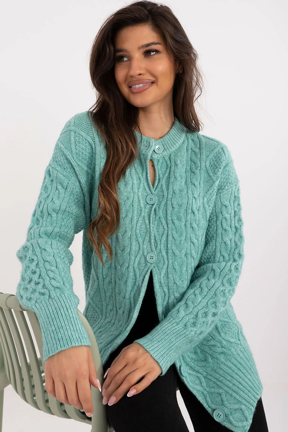 Cardigan en laine acrylique vert menthe pour femme, style classique, coupe semi-ajustée, manches longues, boutons assortis, porté occasionnel et quotidien