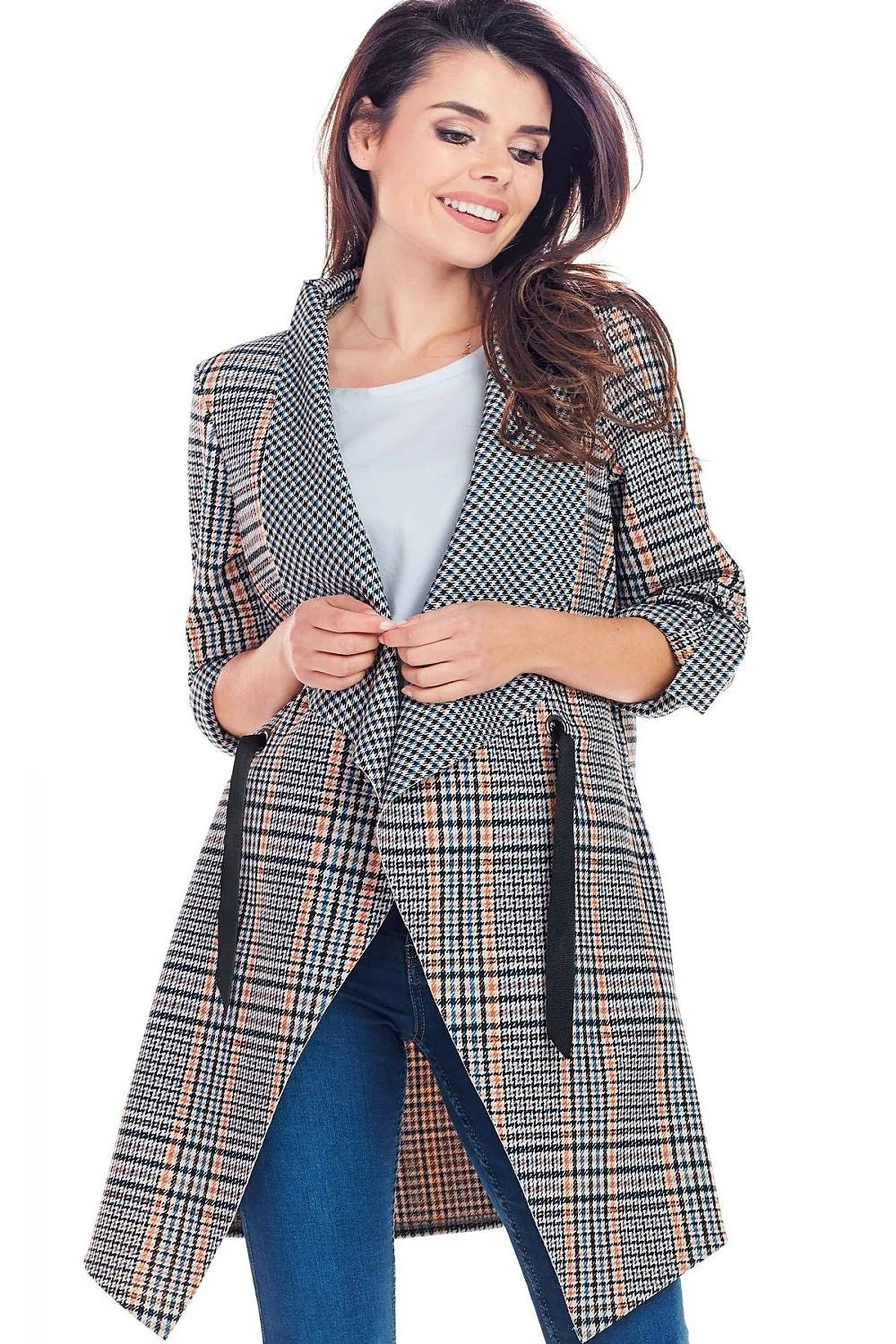 Blazer femme polyester chic moderne à carreaux noir blanc orange ceinture tendance élégant automne