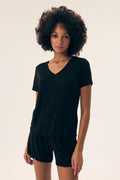 pyjama femme élégant viscose délicate confortable nuit haut manches courtes col V dentelle fine short noir taille élastique extensible