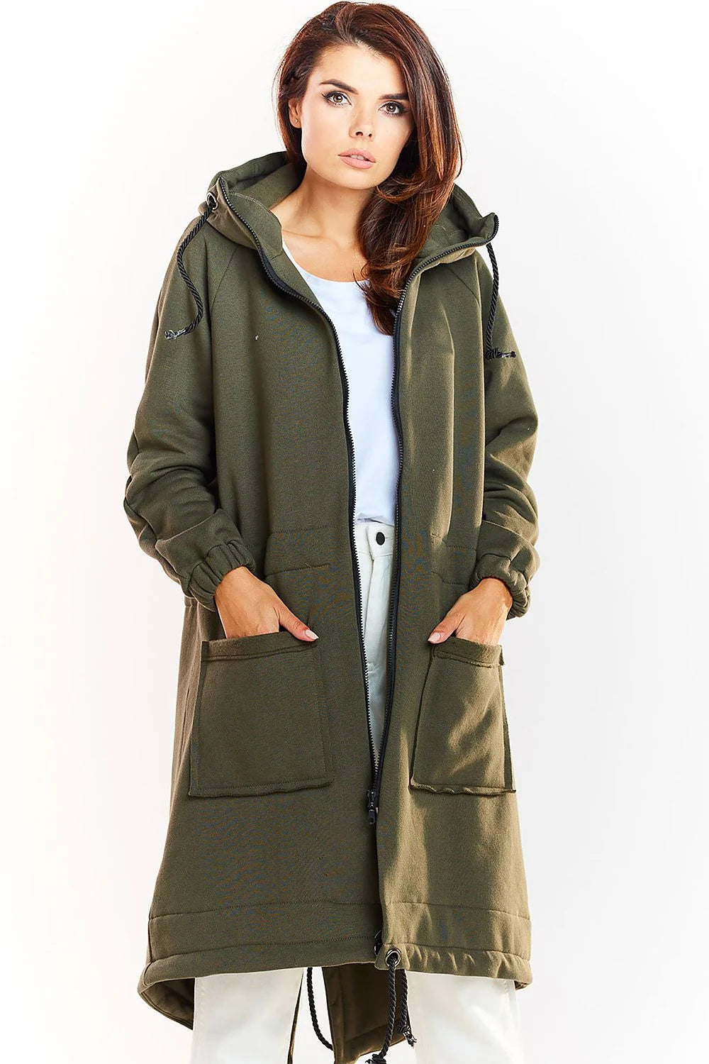 Manteau long ample beige coton style décontracté moderne avec capuche pour femme élégante et confortable