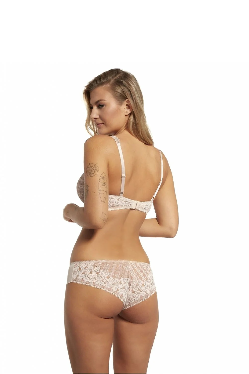 Ensemble de lingerie féminine dentelle fleurie soutien-gorge triangle culotte basse couleur nude confortable ajustable
