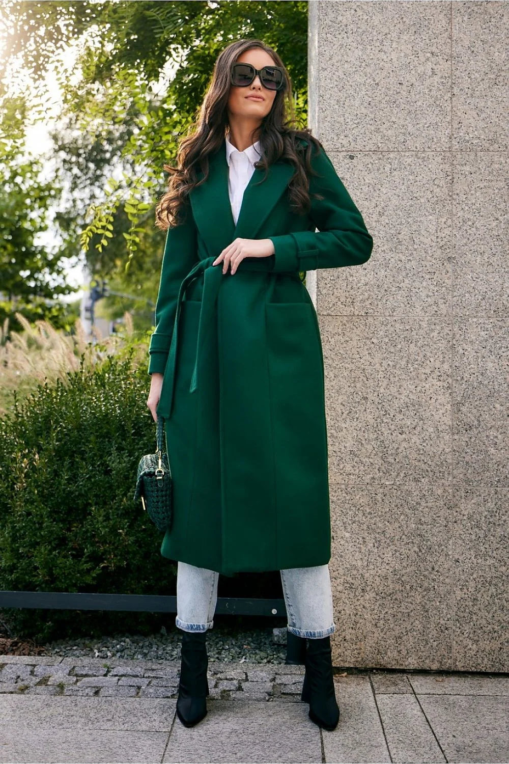 Manteau long élégant pour femmes en laine avec ceinture poches revers pointu automne hiver vert foncé
