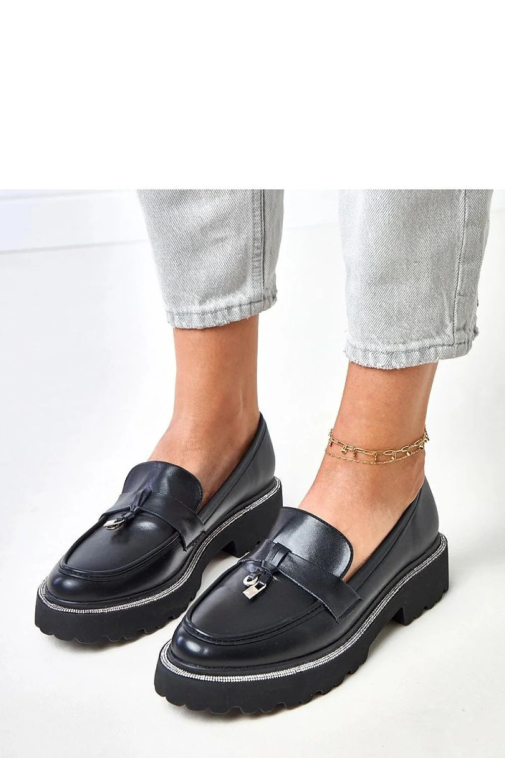 mocassins femme élégants cuir écologique noir bout rond ornement métallique zircons slipon confort quotidien talon 35mm semelle crantée