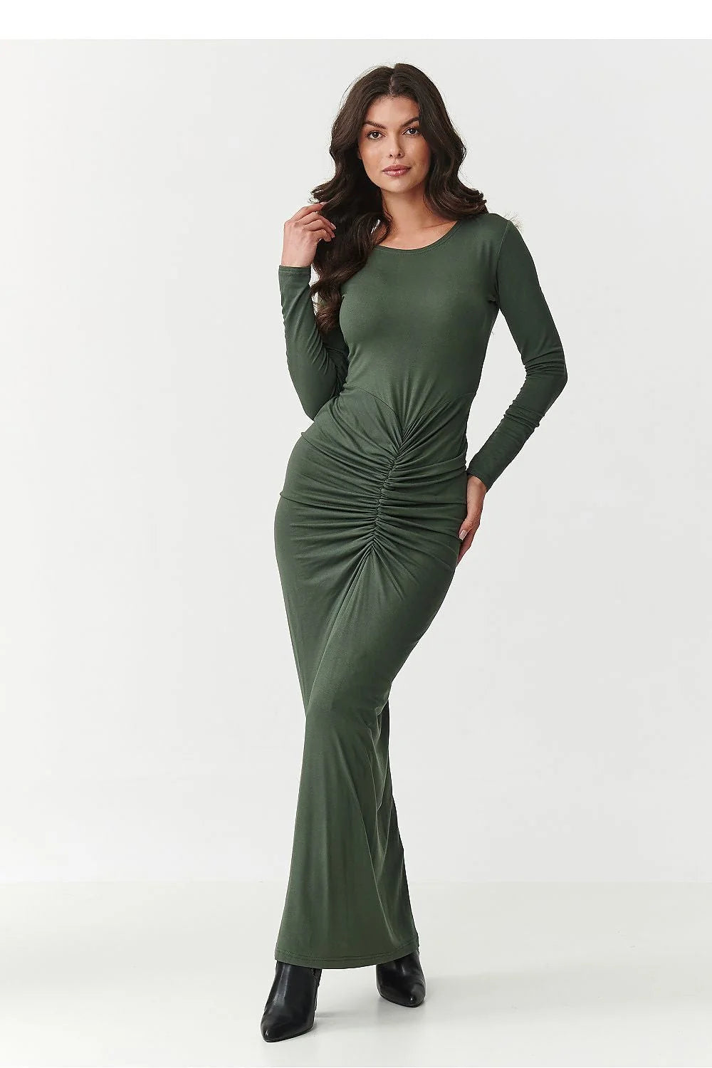 robe longue femme moulante vert olive manches longues encolure ronde silhouette fuselée jersey extensible fronces drapées taille gainante