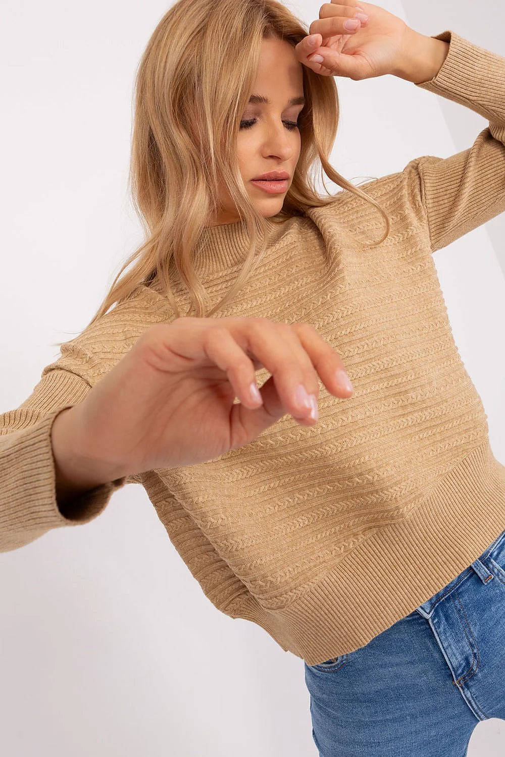 Pull pour femme style classique col montant motif torsade beige maille tricotée manches longues côtelé