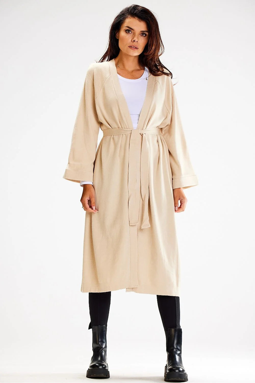 Cardigan awama long à manches larges ceinture nouée matière douce nylon pbt viscose beige universelle