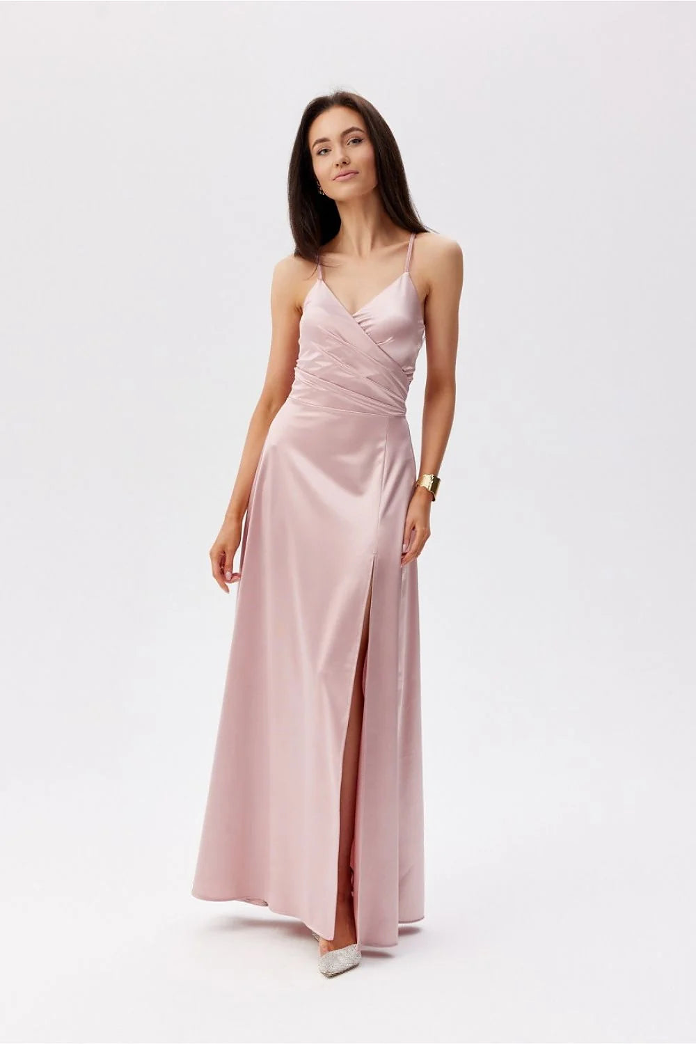 Robe de soirée élégante longue bretelles fines dos croisé fente côté couleur rose pastel polyester elasthanne femmes taille ajustable 34-42