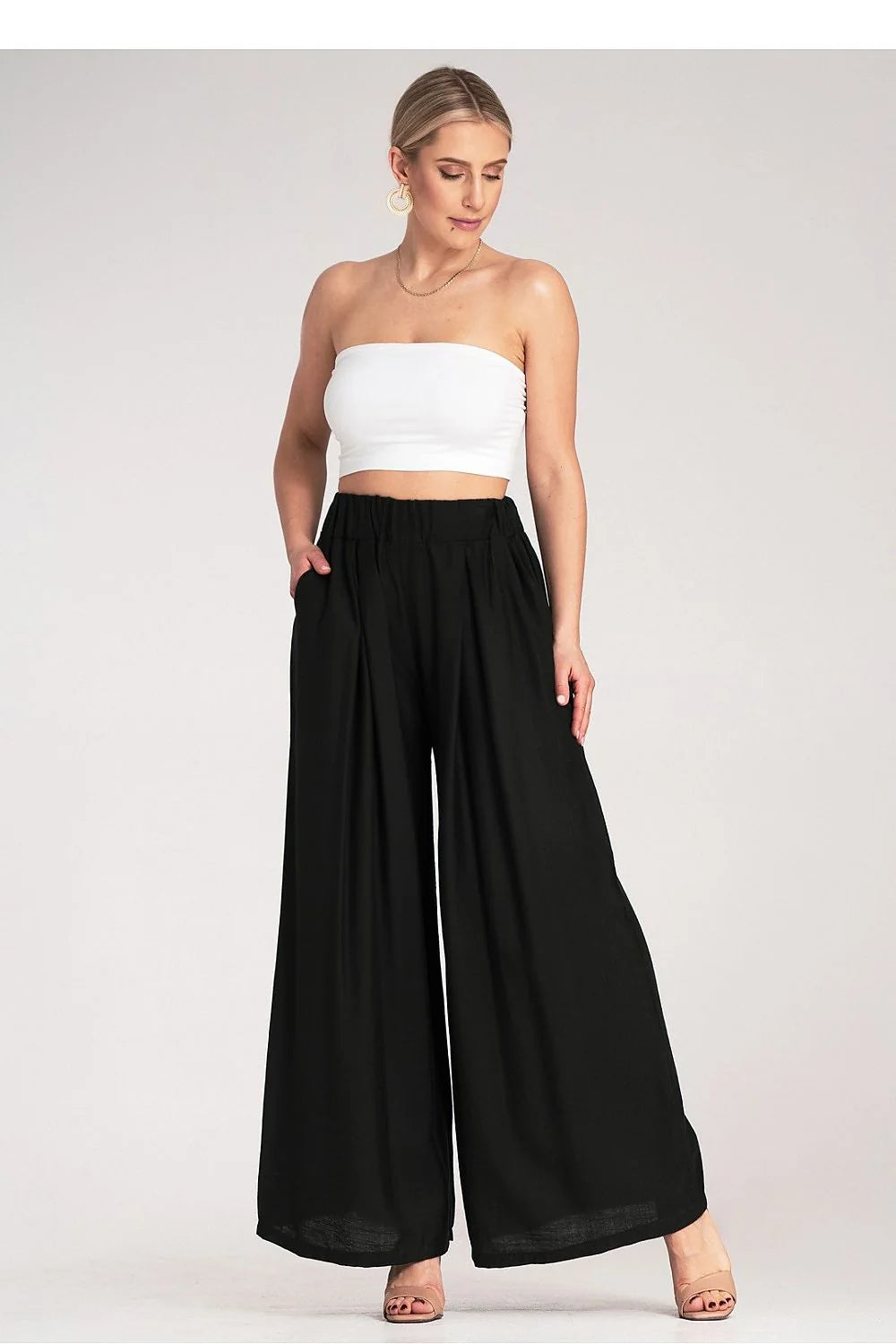 Pantalon femme large à plis tissu léger tailleur taille haute ceinture élastique viscose 95% elasthane 5% occasion été décontractée