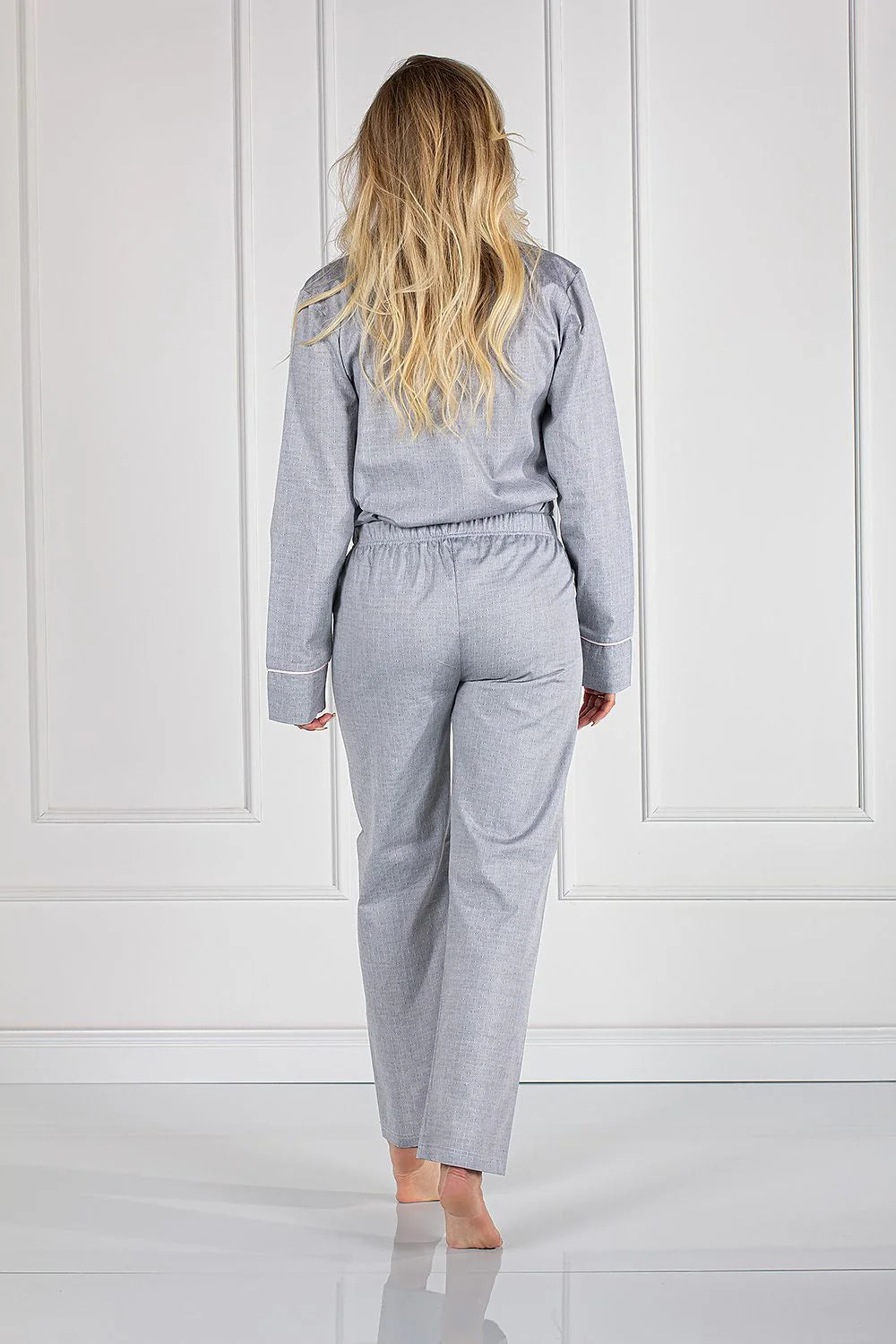 Pyjama Femme Classique Chemise Pantalon Long Manches Longues Coton 100% Taille Élastique Gris Chiné Rose Pâle