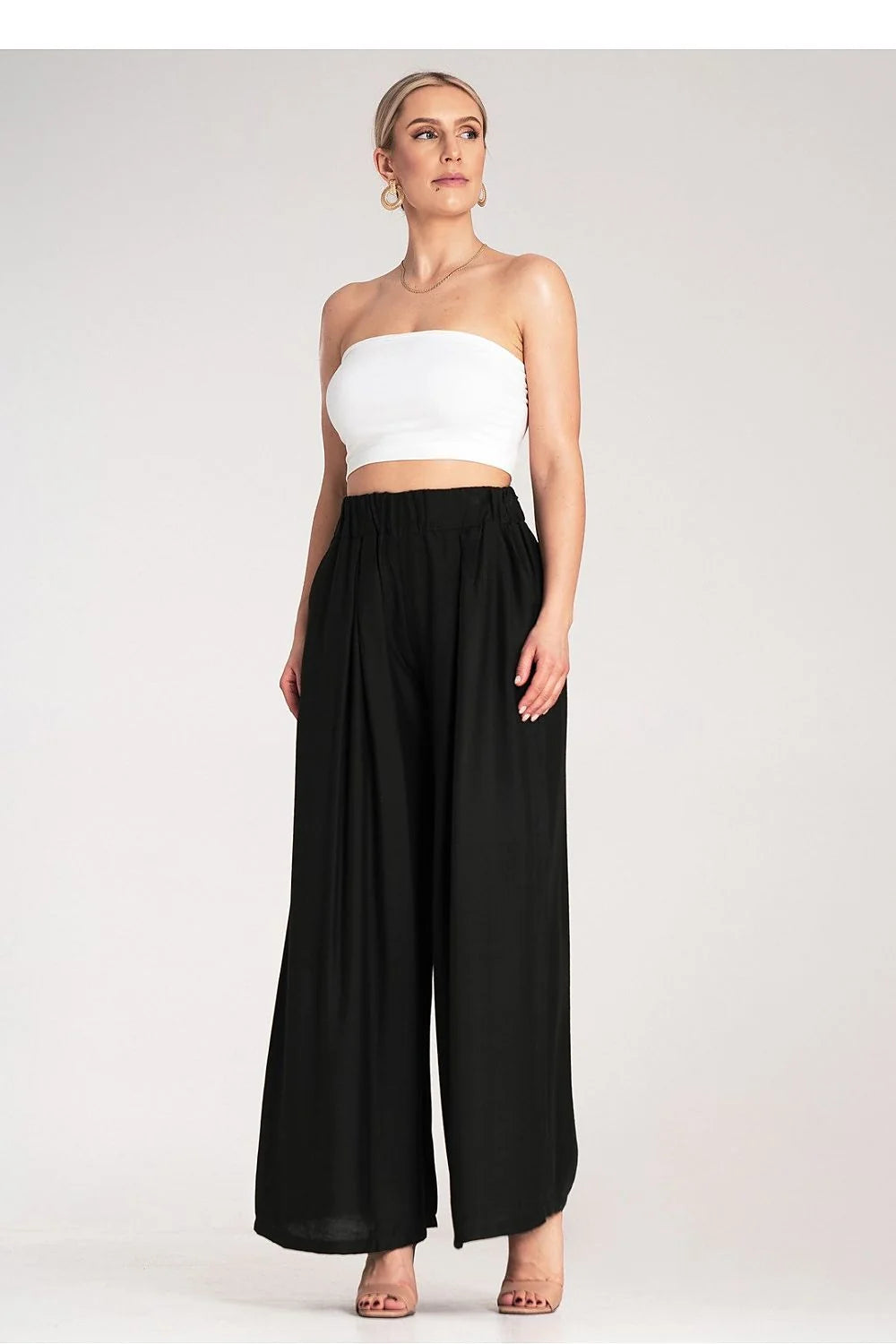 Pantalon femme large à plis tissu léger tailleur taille haute ceinture élastique viscose 95% elasthane 5% occasion été décontractée