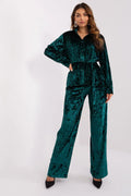 Ensemble Lakerta pour femme en velours côtelé vert émeraude, chemise et pantalon taille haute large manches longues style élégant occasion semi-formelle sortie soirée