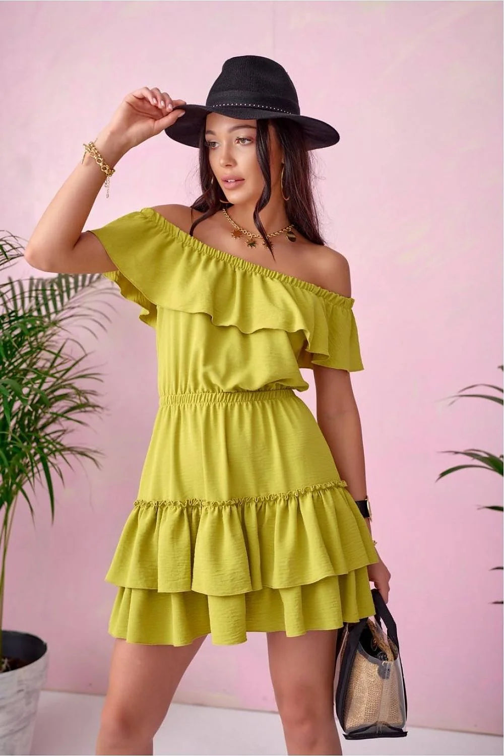 Robe de jour Roco Fashion épaules ouvertes volants vert olive coton viscose taille ajustable femmes été décontracté