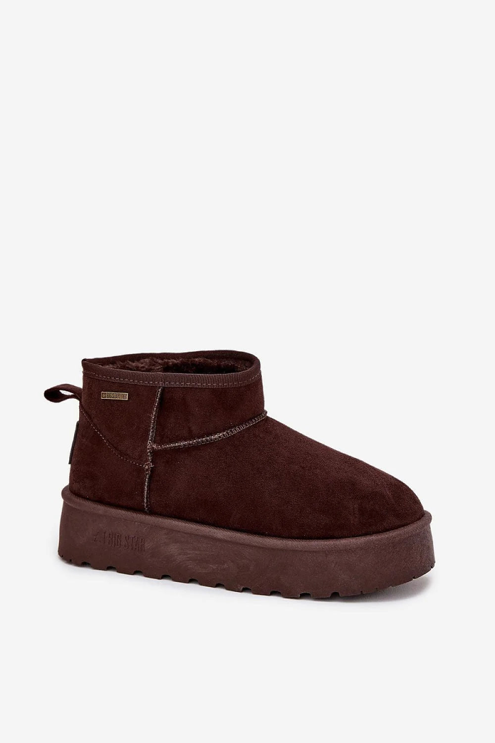 bottes neige femme BigStar cuir suédé écologique doublure fourrure intérieure plateforme crantée 4cm semelle adhérence cheville marron foncé minimaliste confortable