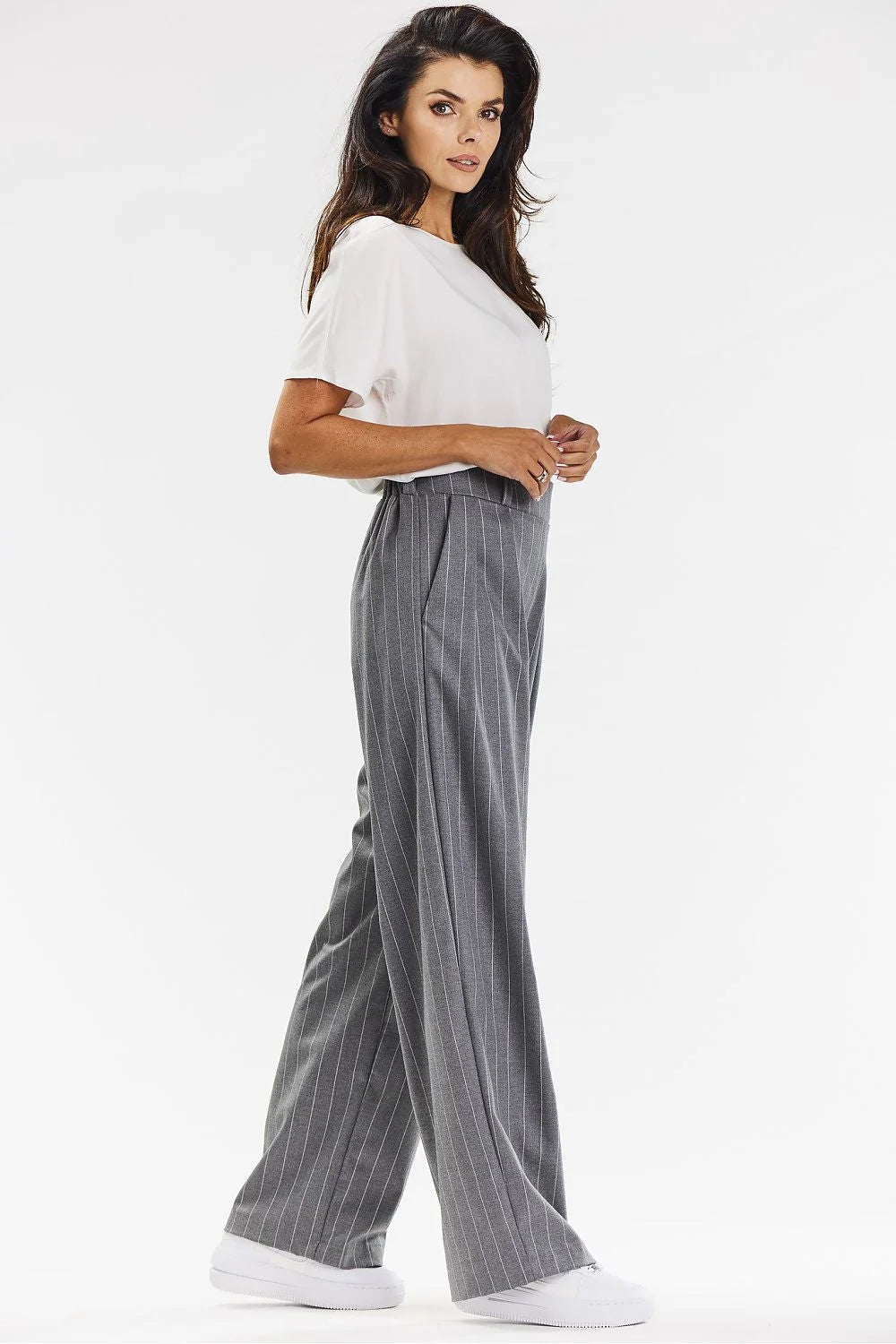 pantalon femme awama taille haute palazzo pinces fluide large gris anthracite rayures blanches structuré ceinture élastiquée poches latérales élégant bureau