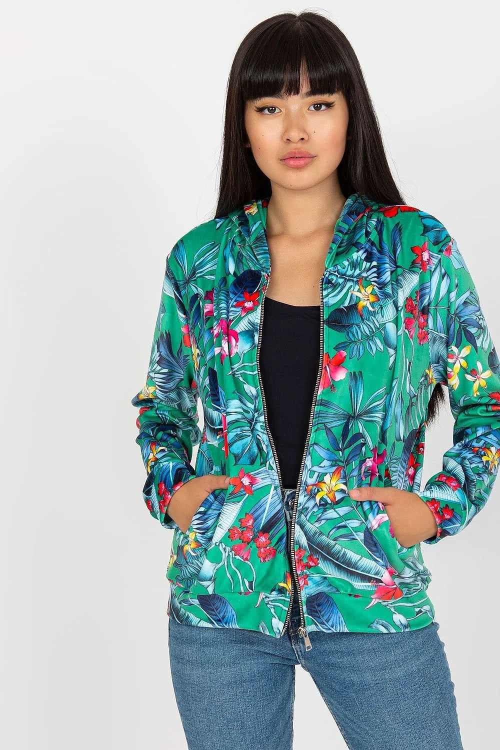 Veste femme design floral tropical multicolore capuche fermeture éclair matériau léger