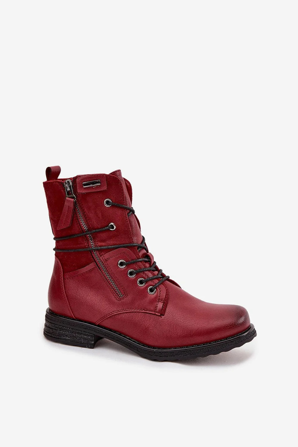bottines montantes femme similicuir ecologique suede bordeaux bout rond lacets noirs metalliques double fermeture eclair laterale doublure fourrure semelle crantee