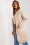 Cardigan pour femme élégant long manches longues coupe droite sans fermeture poches coulissantes beige clair motif ton sur ton