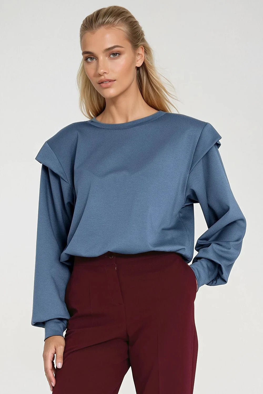 sweatshirt oversize femme bleu acier col rond manches longues épaules structurées coussinets manches bouffantes poignets larges bande serrée crêpe polyester