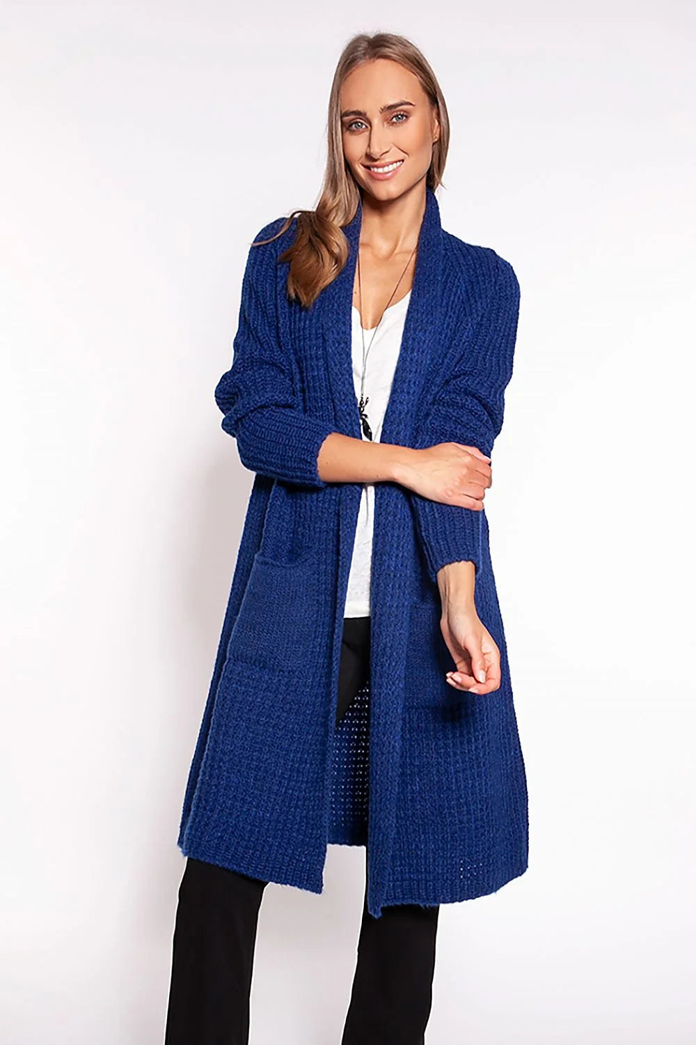 cardigan femme beige clair long col châle gaufrée laine acrylique cocooning manches bouffantes poches plaquées coupe mi cuisse
