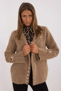 Veste élégante pour femme beige longue manches fermée boutons-pression poches zippées coupe ajustée fourrure synthétique