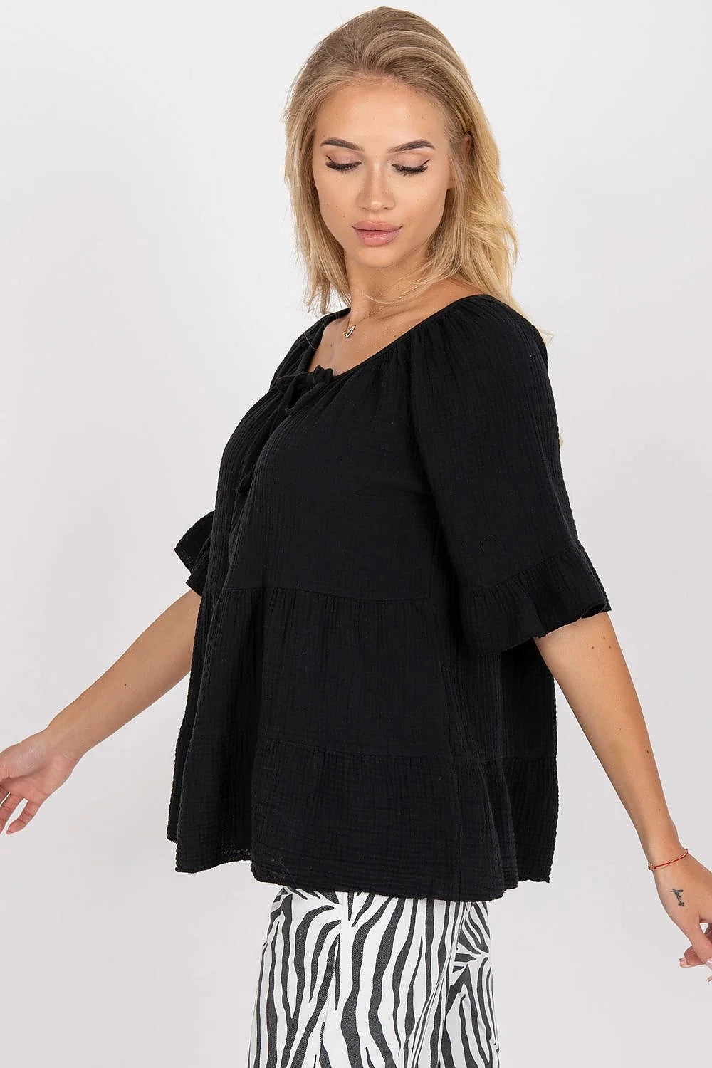 Chemisier Och Bella design élégant moderne coupe ample col noué manches trois-quarts volants coton 100% femme occasion quotidienne chic décontracté