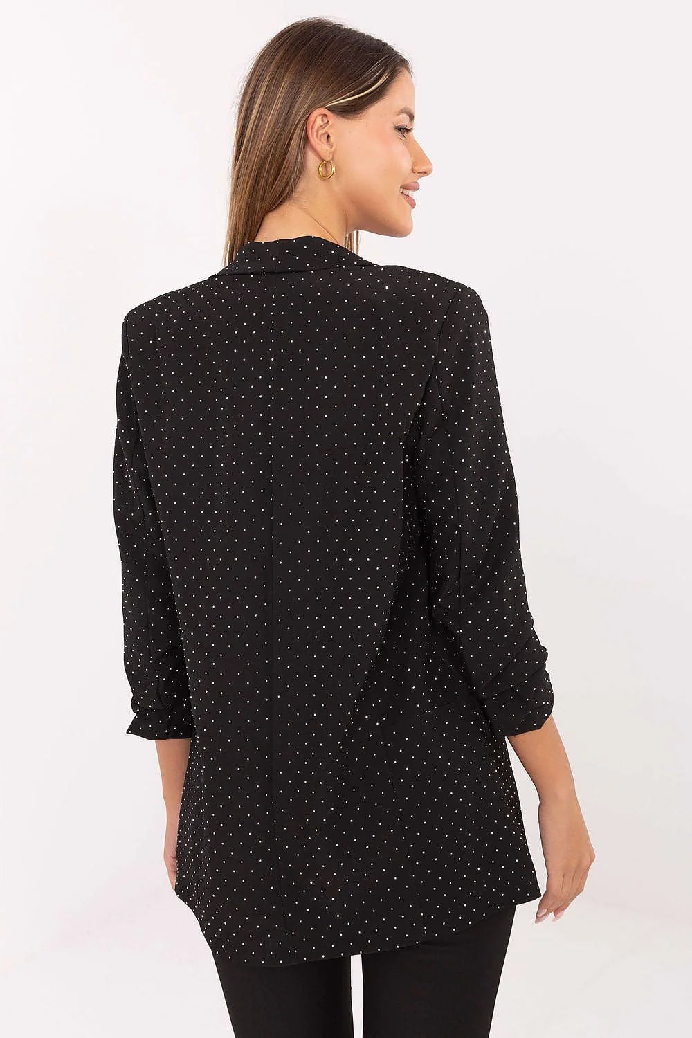 veste blazer mi long noir pois blancs col châle ouverture sans bouton coupe droite cintrée strass manches troisquarts plissées doublée