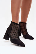 bottines femme suède noir bout pointu talon bloc mihauteur tige mesh transparent motifs géométriques couture zippée maintien confortable soirée élégante