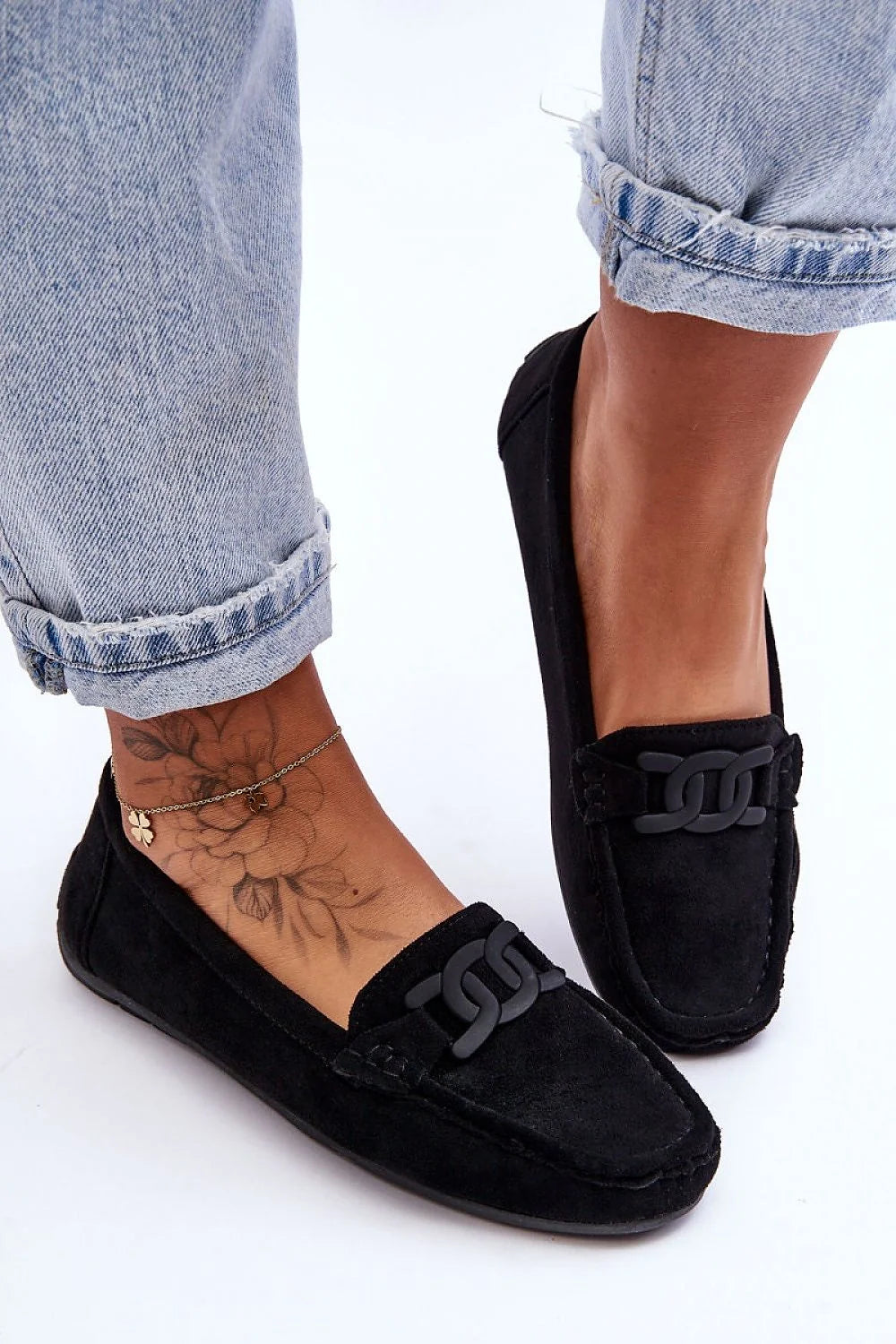 Mocassins femmes élégants en daim noir style casual polyvalent chaîne décorative semelle antidérapante confortable cuir artificiel