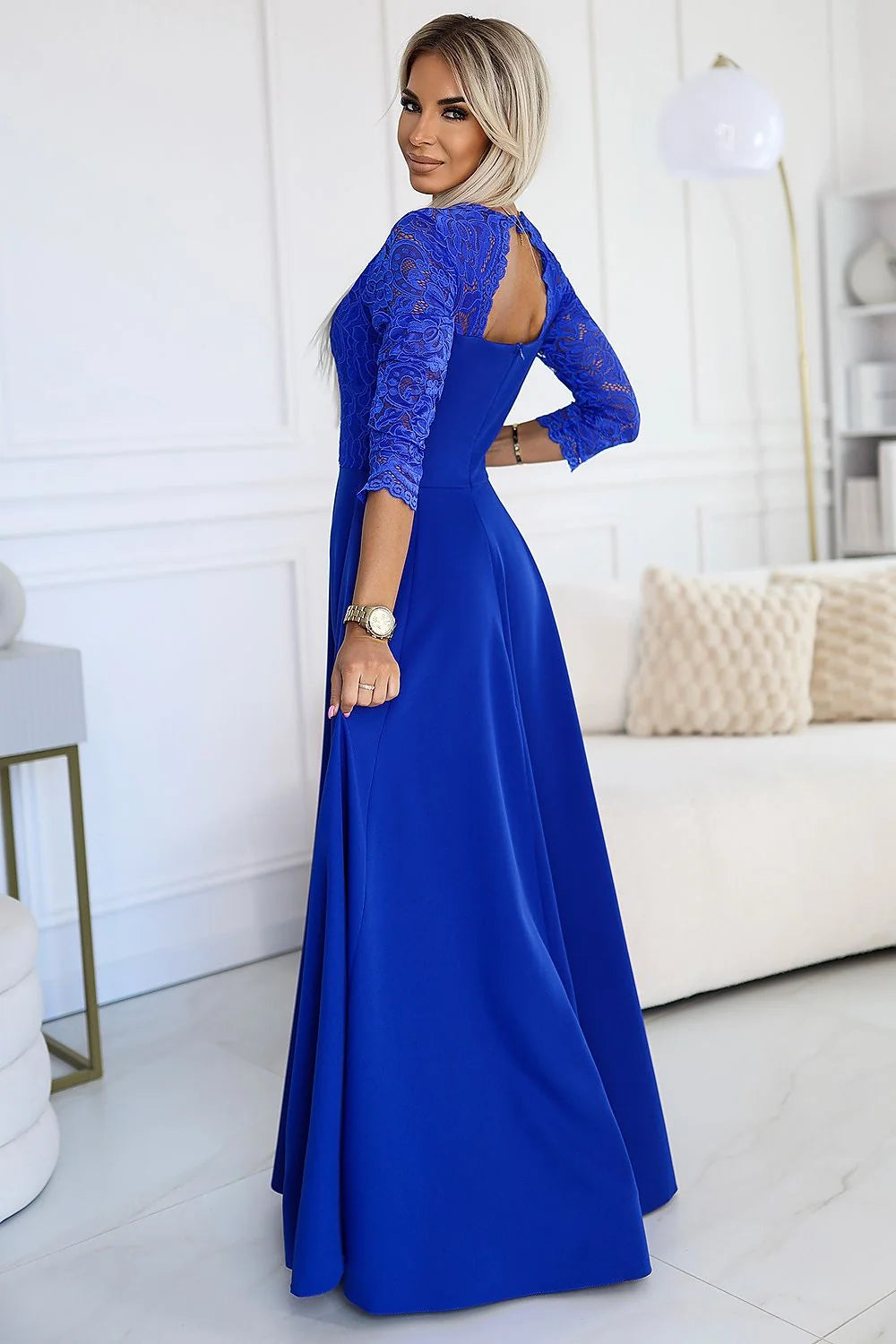 Robe de soirée élégante longue manches 3/4 dentelle bleu marine fente haute taille ajustable femme