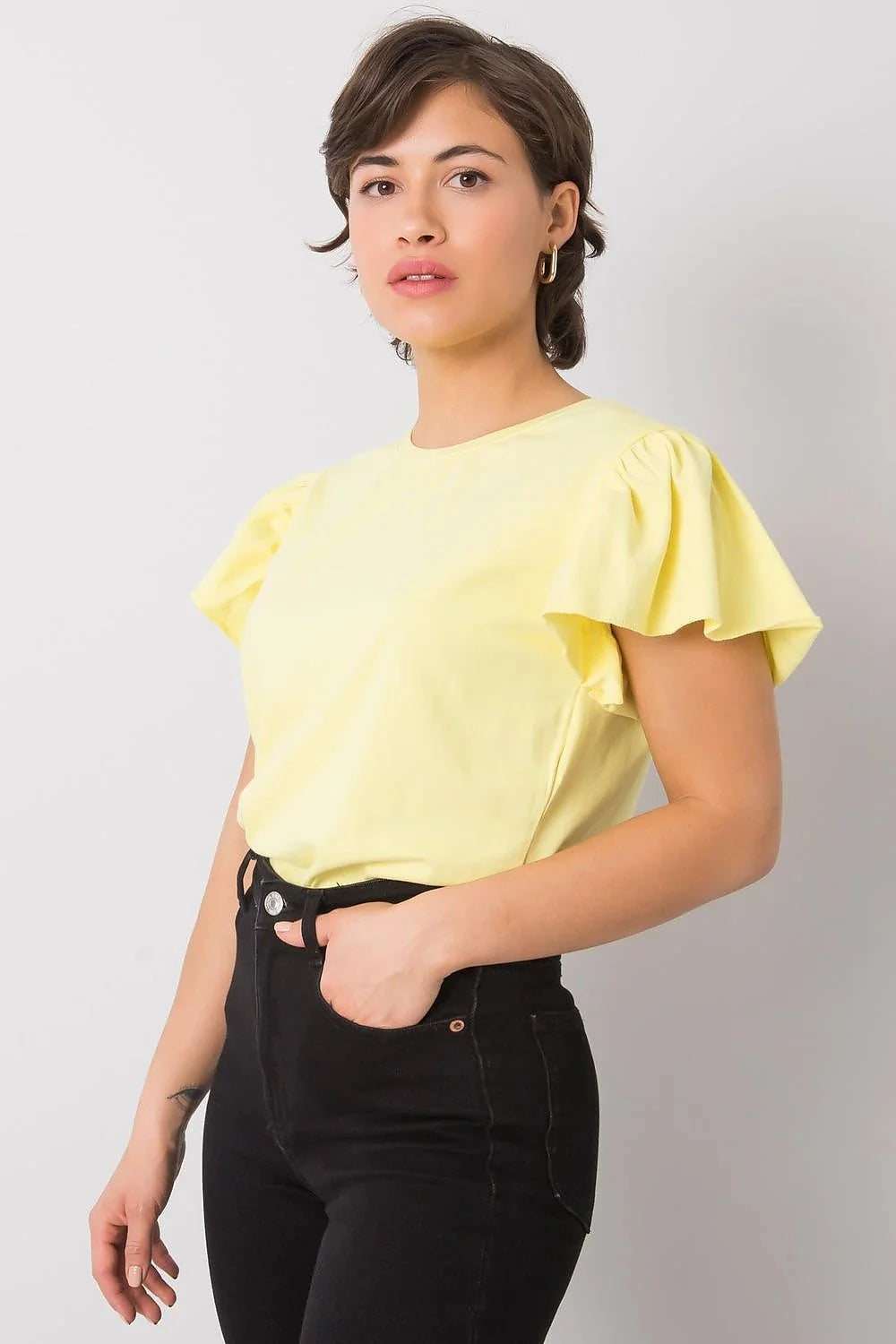 Chemisier Fancy à manches courtes en volant couleur jaune clair en coton 95% lycra 5% pour femme occasionnels et décontracté
