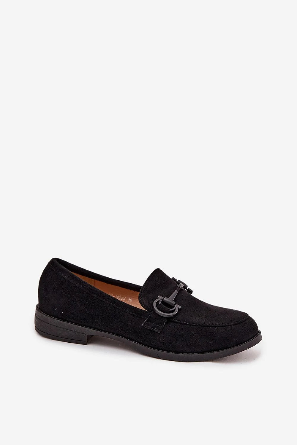 mocassins femme suédine écologique noir bout effilé mors métallique mat petit talon plat semelle fine surpiqûres apparentes confortable élégant polyvalent