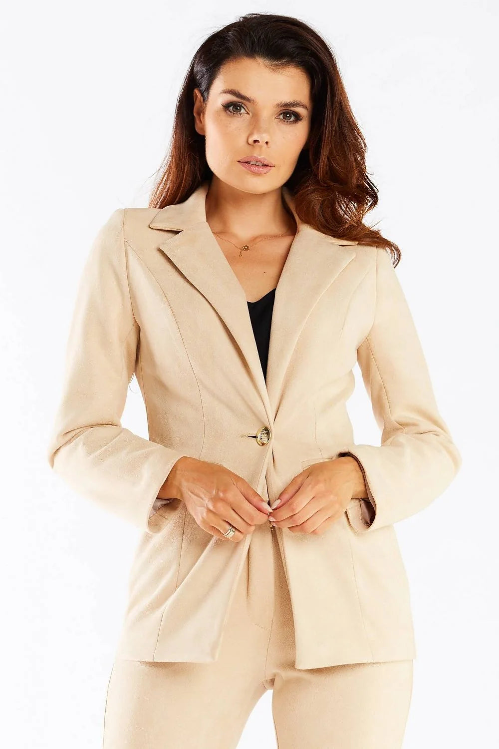 Blazer femme élégant coupe structurée style classique bouton doré col châle polyester élasthanne taille ajustable veste professionnelle