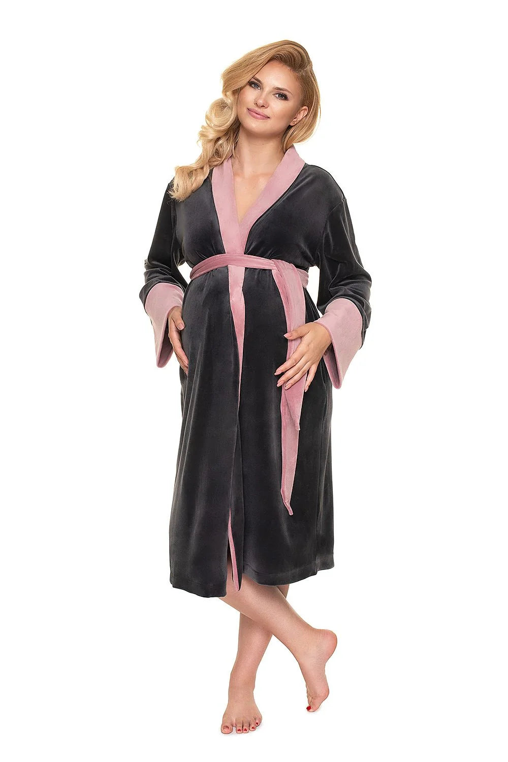 Peignoir maternité en velours doux, confortable, bleu clair, avec ceinture ajustable, pour futures mamans élégantes