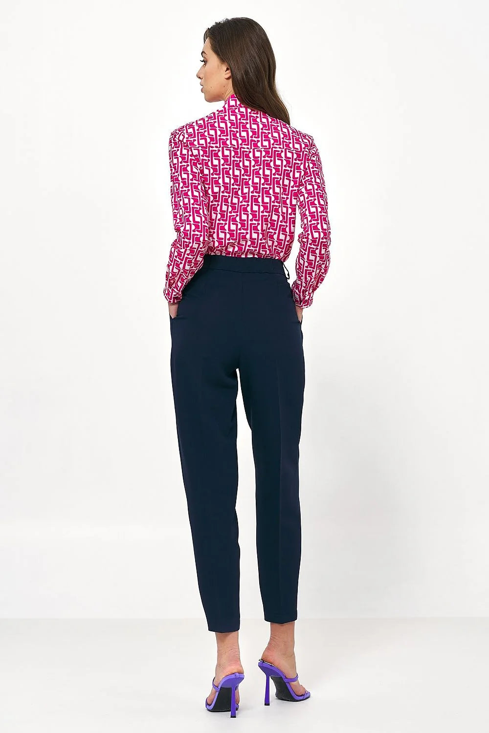 Pantalon femme Nife en viscose polyester taille haute style élégant coupe ajustée bleu marine décontracté
