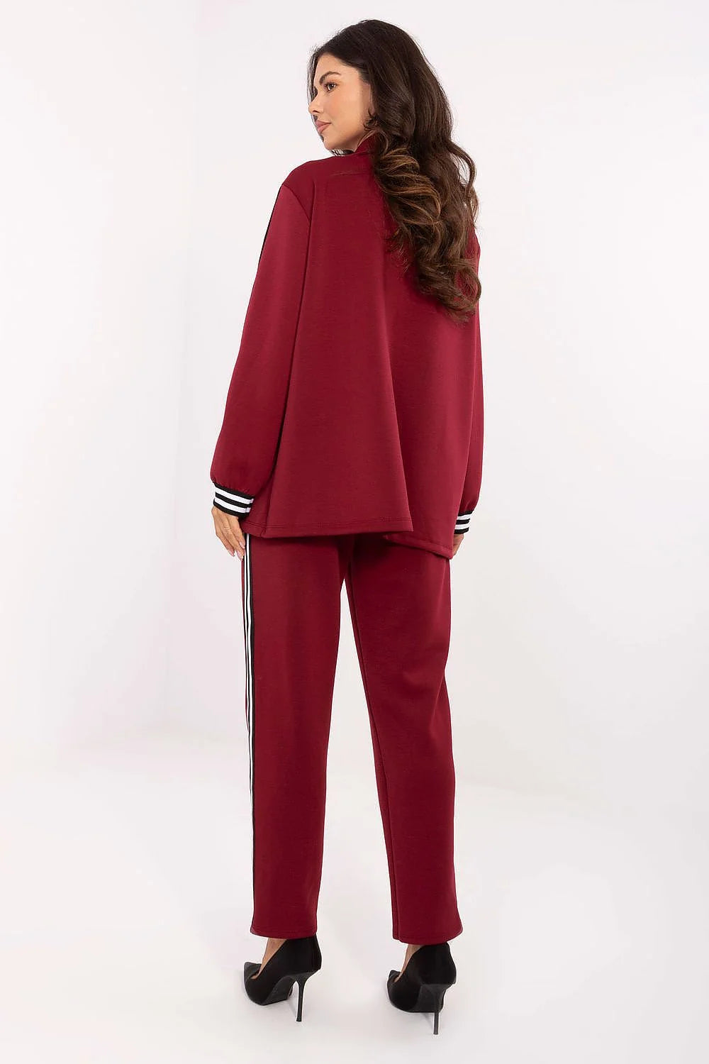 ensemble jogging femme bordeaux sweat oversize manches longues molletonné doux confortable galons bandes contrastées pantalon taille haute poches latérales