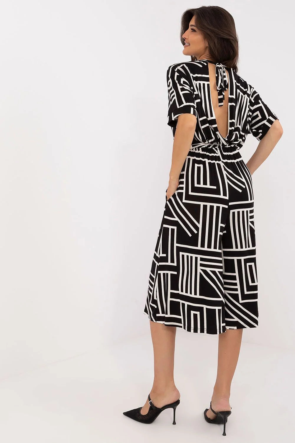 Combinaison Lakerta femme motif géométrique noir et blanc tissu léger élégante moderne coupe ample ceinture décolleté en V manches mi-longues polyester confort