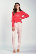 pyjama femme coton doux rouge corail manches longues encolure ronde imprimé coeurs romantique pantalon droit taille élastiquée noeud décoratif