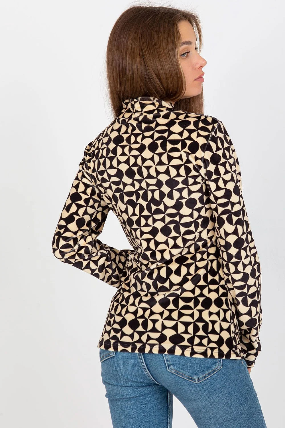 chemisier Rue Paris velours zébré noir beige manches longues col montant coupe ajusté stretch doux confortable