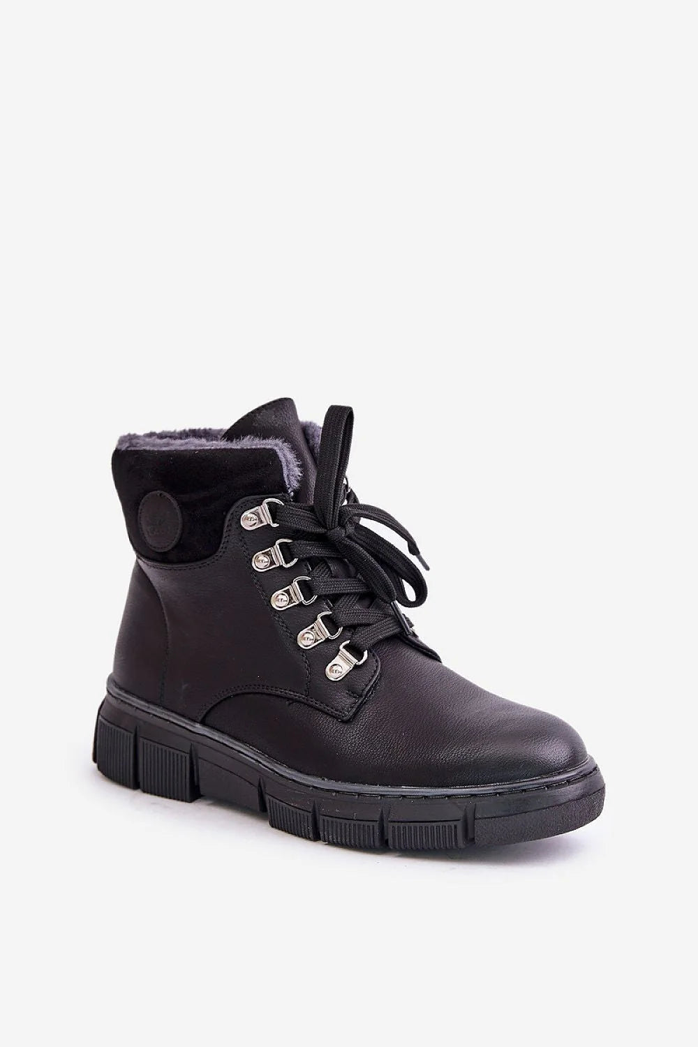 Bottes trappeur Step in style cuir écologique fourrure synthétique lacets épais œillets métalliques argentés taille ajustable femme coupe mi-haute protection contre le froid mode urbain hiver