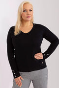 Pull plus size élégant col V manches longues boutons métalliques noir profond matière tricotée femmes