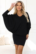 robe noire soirée mini jersey stretch confortable respirant manches dolman longues colV taille marquée fourreau ajustée polonaise élégante