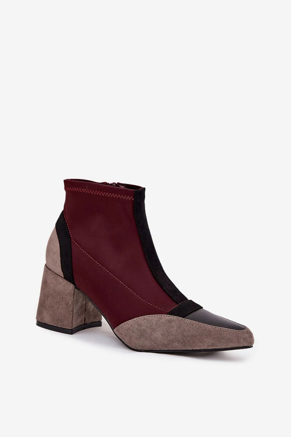 bottines femme talon bloc massif stable confortable hauteur cheville bout pointu affiné bimatière bordeaux suedine taupe galon noir fermeture laterale