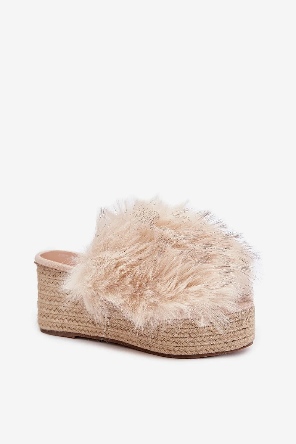 sandales plateforme fourrure beige espadrille mule ouvert slide tressée jute pompon cocooning chic confortable estivale moderne raffinée