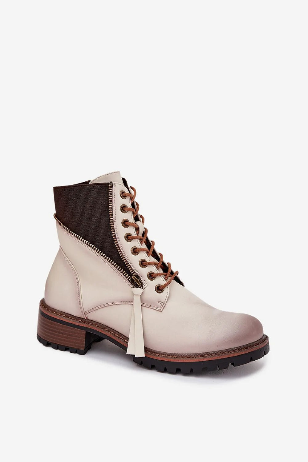 bottines femme Vinceza simili cuir beige tige mi haute bout rond patinée lacets zip latéral semelle crantée antidérapante