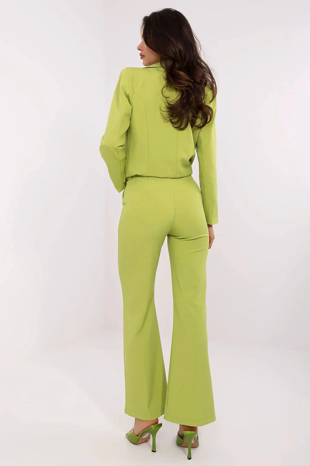 Pantalon femme Italy Moda coupe évasée vert lime blazer assorti matelassé taille haute occasion formelle